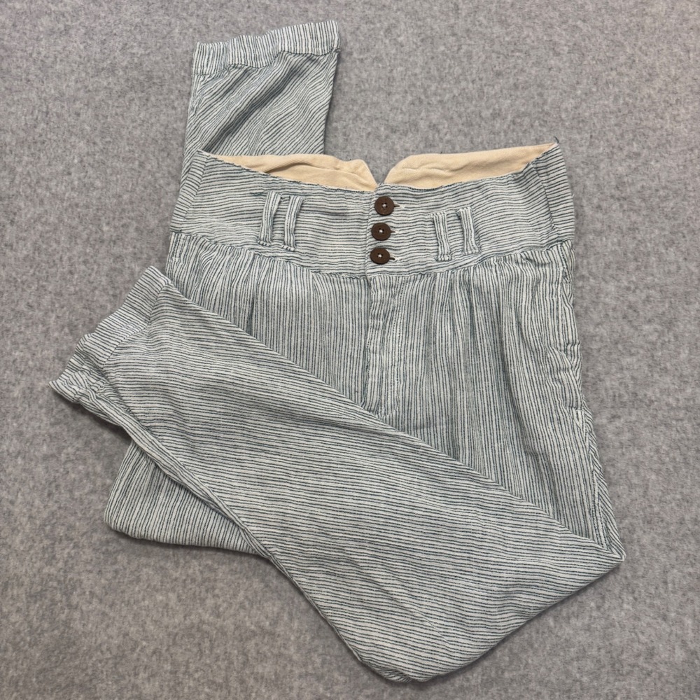 Free People Blue White Ticking Stripe High Waisted Cotton Tapered Pants Size 6
